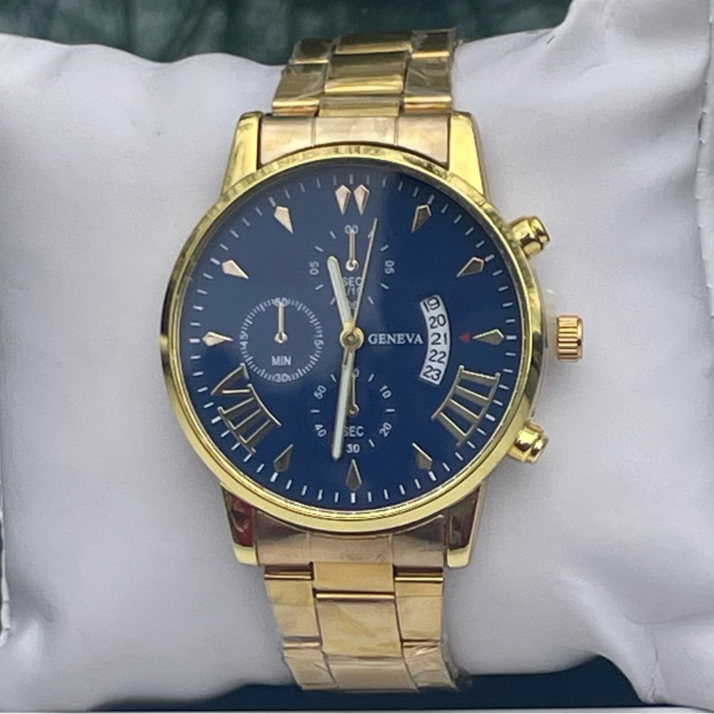 Men's  Gold Tone Quartz Watch Blue Dial Date Display New Never Worn